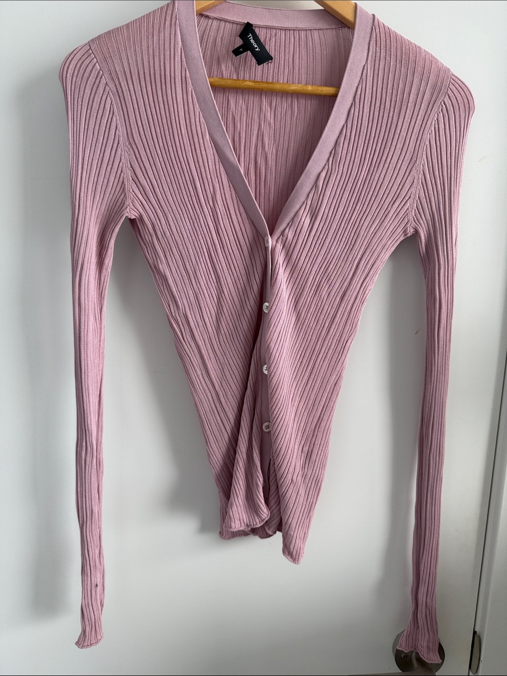 Theory Ribbed V-Neck Button Front Top - Light Pink
